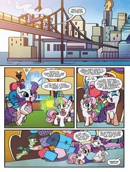 Size: 720x960 | Tagged: safe, artist:agnesgarbowska, idw, rarity, sweetie belle, earth pony, pony, unicorn, friends forever #37, g4, my little pony: friends forever, advertisement, background pony, bridge, city, cityscape, crystaller building, female, filly, friendship express, glowing horn, horn, idw advertisement, levitation, luggage, magic, magic aura, male, manehattan, mare, offscreen character, rarity being rarity, stallion, sweetie belle's magic brings a great big smile, telekinesis, train, unnamed character, unnamed pony