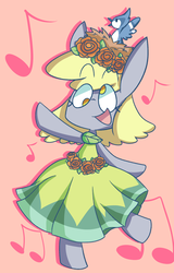 Size: 1228x1920 | Tagged: safe, artist:typhwosion, derpy hooves, bird, semi-anthro, g4, big ears, bipedal, clothes, cute, dancing, female, solo