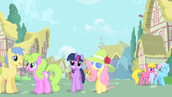 Size: 1280x720 | Tagged: safe, screencap, carrot top, cheerilee, cherry berry, daisy, flower wishes, fluttershy, golden harvest, goldengrape, linky, shoeshine, sir colton vines iii, twilight sparkle, earth pony, pony, g4, green isn't your color, background pony, disguise, hat, sunglasses