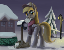 Size: 2346x1816 | Tagged: safe, artist:odooee, derpy hooves, pony, g4, butt, cap, clothes, female, hat, lamppost, letter, looking back, mailbag, mailbox, mailmare, mouth hold, night, plot, scarf, shirt, snow, solo, winter
