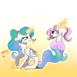 Size: 2500x2500 | Tagged: safe, artist:colorbrush, princess celestia, alicorn, pony, g4, caught, cewestia, chest fluff, confused, cute, ear fluff, exclamation point, fiery wings, filly, floppy ears, fluffy, gradient background, high res, interrobang, levitation, magic, mouth hold, paintbrush, pink-mane celestia, question mark, raised hoof, self ponidox, spread wings, teabag, teacup, telekinesis, wings, younger