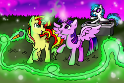 Size: 6344x4240 | Tagged: safe, artist:soulsprite, dj pon-3, sunset shimmer, twilight sparkle, vinyl scratch, alicorn, pony, unicorn, g4, absurd resolution, grass field, magic, microphone, open mouth, raised hoof, singing, turntable, twilight sparkle (alicorn)