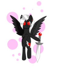 Size: 1280x1707 | Tagged: safe, artist:luriel maelstrom, edit, oc, oc only, oc:luriel maelstrom, pegasus, pony, hoof hold, looking at you, simple background, smug, solo, spread wings, sword, weapon
