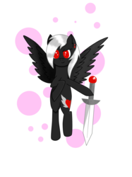 Size: 1280x1707 | Tagged: safe, artist:luriel maelstrom, edit, oc, oc only, oc:luriel maelstrom, pegasus, pony, hoof hold, looking at you, palindrome get, simple background, smug, solo, spread wings, sword, weapon