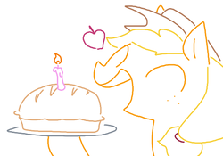 Size: 521x364 | Tagged: safe, artist:weaver, applejack, earth pony, pony, g4, apple, bust, candle, eyes closed, female, food, heart, open mouth, pie, plate, portrait, simple background, smiling, solo, white background