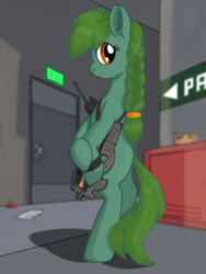Size: 1536x2048 | Tagged: safe, artist:negasun, oc, oc only, oc:lonely day, earth pony, pony, fanfic:the last pony on earth, ponies after people, bipedal, braid, door, female, gun, happy, hoof hold, hooves, looking back, mare, p90, rifle, solo, submachinegun, weapon