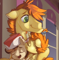Size: 553x564 | Tagged: safe, artist:xennos, edit, carrot cake, pound cake, pumpkin cake, earth pony, pegasus, pony, unicorn, g4, accessory swap, cake family, cake twins, colored pupils, cropcon, cropped, cuddling, explicit source, hat, snuggling