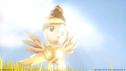 Size: 3840x2160 | Tagged: safe, artist:invisorfaa, derpy hooves, pegasus, pony, g4, 3d, cute, epic, female, goggles, high res, lens flare, poster, signature, solo, source filmmaker, treasure chest