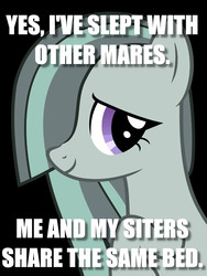 Size: 750x1000 | Tagged: safe, marble pie, earth pony, pony, g4, bait and switch, black background, female, image macro, innocent, meme, misspelling, naive, painfully innocent marble, paraprosdokian, simple background, solo