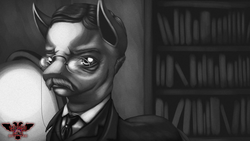 Size: 3840x2160 | Tagged: safe, artist:tsaritsaluna, pony, american presidents, bookshelf, clothes, facial hair, glasses, globe, grayscale, high res, looking at you, monochrome, moustache, necktie, ponified, president, solo, suit, theodore roosevelt, united states