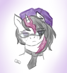 Size: 687x750 | Tagged: safe, artist:fluidty, oc, oc only, pony, unicorn, bags under eyes, female, freckles, glasses, hat, mare, necktie, sketch, solo