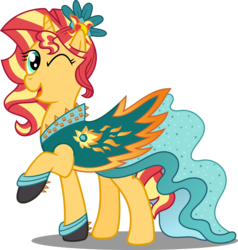 Size: 5080x5341 | Tagged: safe, artist:sugar-loop, sunset shimmer, pony, unicorn, g4, my little pony equestria girls: legend of everfree, absurd resolution, alternate hairstyle, clothes, crystal gala, dress, equestria girls outfit, female, one eye closed, open mouth, raised hoof, simple background, smiling, solo, transparent background, vector, wink