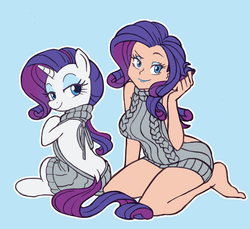 Size: 2919x2668 | Tagged: safe, artist:nauth, rarity, human, pony, unicorn, g4, backless, barefoot, butt, buttcrack, clothes, dock, feet, female, high res, human ponidox, humanized, makeup, mare, open-back sweater, plot, plotcrack, self ponidox, simple background, sleeveless sweater, smiling, sweater, virgin killer sweater