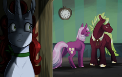 Size: 4174x2639 | Tagged: safe, artist:vindhov, cheerilee, oc, oc:black twig apple, oc:scarlet, earth pony, pony, unicorn, g4, argument, bolo tie, collar, eavesdropping, female, high res, male, mare, mother and son, offspring, parent:big macintosh, parent:cheerilee, parent:donut joe, parent:rarity, parents:cheerimac, parents:rarijoe, stallion, story included, trio