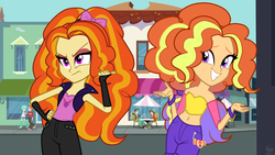 Size: 3840x2160 | Tagged: safe, artist:namyg, heath burns, normal norman, scott green, tennis match, oc, oc:gleam daze, oc:moderata bright, equestria girls, g4, belly button, cafe, clothes, equestria girls-ified, high res, magical lesbian spawn, midriff, offspring, pants, parent:adagio dazzle, parent:sunset shimmer, parents:sunsagio, pointing, shorts, sisters