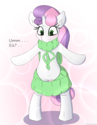 Size: 2500x3199 | Tagged: safe, artist:n0nnny, sweetie belle, pony, unicorn, g4, backless, backwards, backwards virgin killer sweater, belly, belly button, bipedal, blushing, clothes, cute, dialogue, fail, featureless crotch, female, filly, high res, looking down, open-back sweater, sleeveless sweater, solo, sweater, virgin killer sweater, wardrobe misuse, you're doing it wrong