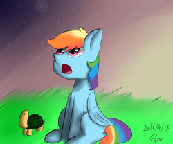 Size: 1200x1000 | Tagged: safe, artist:passigcamel, rainbow dash, pony, turtle, g4, open mouth, sitting