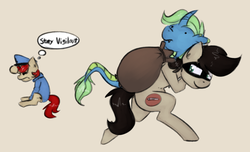 Size: 1408x856 | Tagged: safe, artist:marsminer, oc, oc only, oc:bonfire, oc:keith, oc:velvet pastry, earth pony, pony, bag, brown background, kidnapped, lidded eyes, looking back, running, simple background, sitting, smiling, stealing, thought bubble