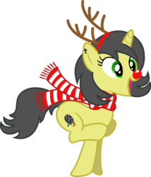 Size: 1024x1196 | Tagged: safe, artist:mr-blitz, oc, oc only, oc:pauly sentry, pony, unicorn, antlers, clothes, cutie mark, ear piercing, happy, piercing, red nose, reindeer antlers, rudolph nose, running, scarf, simple background, solo, transparent background, vector