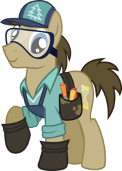 Size: 711x994 | Tagged: safe, artist:pacificgreen, doctor whooves, douglas spruce, evergreen, time turner, earth pony, pony, g4, cap, clothes swap, goggles, hat, hoof shoes, male, safety goggles, simple background, solo, stallion, toolbelt, transparent background, vector, voice actor joke