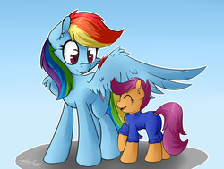 Size: 1856x1405 | Tagged: safe, artist:sentireaeris, rainbow dash, scootaloo, pegasus, pony, g4, cheek fluff, clothes, cute, cutealoo, ear fluff, eyes closed, open mouth, overalls, raised hoof, scootalove, signature, wing fluff