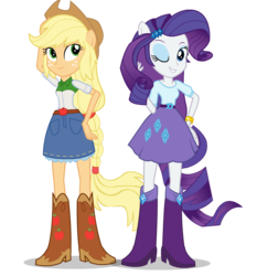 Size: 800x857 | Tagged: safe, artist:eduardonunes109, applejack, rarity, equestria girls, g4, boots, bracelet, clothes, cowboy boots, cowboy hat, denim skirt, hand on hip, hat, high heel boots, jewelry, one eye closed, ponied up, pony ears, ponytail, simple background, skirt, stetson, transparent background, vector, wink
