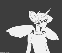 Size: 3452x2913 | Tagged: safe, artist:itzdatag0ndray, twilight sparkle, alicorn, anthro, g4, bandage, bored, bra strap, ear fluff, female, gray background, high res, lineart, monochrome, simple background, solo, twilight sparkle (alicorn)