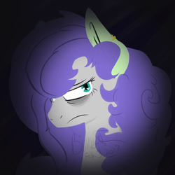 Size: 1024x1024 | Tagged: safe, artist:binkyt11, oc, oc only, oc:penelope, earth pony, pegasus, pony, bags under eyes, big hair, bust, dark, different body parts, ear piercing, earring, female, frown, jewelry, lineless, looking back, mare, piercing, portrait, solo