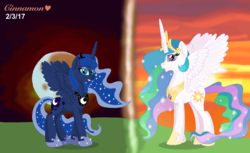 Size: 2869x1752 | Tagged: safe, artist:cinnamon-swirls, princess celestia, princess luna, alicorn, pony, g4, duo, looking at you, moon, song in the description, spread wings, sunset