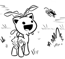 Size: 770x700 | Tagged: safe, artist:tess, butterfly, hoppip, plant pony, pony, 2012, black and white, grass, grayscale, monochrome, plant, pokémon, recursion, smiling