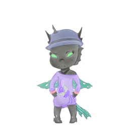 Size: 2000x2000 | Tagged: safe, artist:jodi sli, maud pie, oc, oc only, changeling, semi-anthro, g4, angry, changeling oc, chibi, clothes, hat, high res, looking at you, shade, simple background, solo, sweater, white background