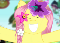 Size: 784x572 | Tagged: safe, artist:onyxpenstroke, derpibooru exclusive, fluttershy, pegasus, pony, g4, alternate hairstyle, arms wide open, blurry background, braid, bust, camera shot, cheek fluff, eyes closed, female, flower, flower in hair, fluttershy's cottage, happy, portrait, screencapped background, selfie, smiling, solo