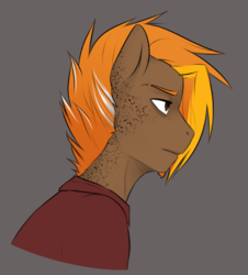 Size: 791x876 | Tagged: safe, artist:askbubblelee, oc, oc only, oc:singe, anthro, anthro oc, clothes, facial hair, freckles, goatee, male, orange hair, sad, simple background, solo, stallion, white hair