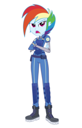Size: 4051x6346 | Tagged: safe, artist:invisibleink, rainbow dash, equestria girls, g4, the cutie re-mark, absurd resolution, alternate timeline, amputee, apocalypse dash, boots, crossed arms, crystal war timeline, cybernetic arm, female, prosthetic arm, prosthetic limb, prosthetics, short hair, short hair rainbow dash, simple background, solo, torn ear, transparent background, vector