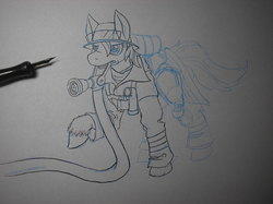 Size: 2288x1712 | Tagged: safe, artist:darkhestur, derpibooru exclusive, oc, oc only, oc:burning stream, pony, black and white, blue sketch, dip pen, firefighter, grayscale, helmet, hose, mask, monochrome, solo, traditional art, wip