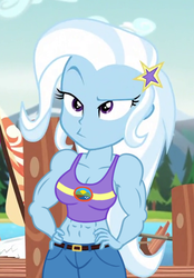 Size: 460x660 | Tagged: safe, edit, edited edit, edited screencap, screencap, trixie, equestria girls, g4, my little pony equestria girls: legend of everfree, :>, abs, arms, buff, buff edit, cropped, female, grand and muscular trixie, hand on hip, lidded eyes, looking at you, midriff, muscles, raised eyebrow, solo
