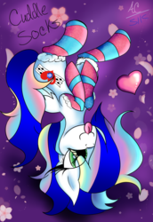 Size: 1024x1491 | Tagged: safe, artist:animechristy, oc, oc only, oc:cuddle socks, oc:sapphire heart song, pegasus, pony, clothes, commission, cute, female, mare, ocbetes, one eye closed, socks, solo, stockings, striped socks, thigh highs, tongue out, wink