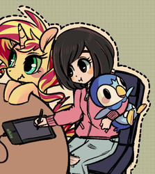 Size: 650x730 | Tagged: safe, artist:phyllismi, sunset shimmer, human, piplup, unicorn, g4, artist, blushing, cute, drawing, duo, pokémon, scrunchy face, shimmerbetes, simple background
