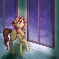 Size: 3850x3850 | Tagged: safe, artist:zombiecupcake101, sunset shimmer, pony, unicorn, g4, chest fluff, colored pupils, curved horn, ear fluff, female, high res, horn, indoors, missing cutie mark, rain, raised hoof, shadow, signature, solo, walking, window