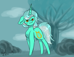 Size: 3850x2975 | Tagged: safe, artist:zombiecupcake101, lyra heartstrings, pony, unicorn, g4, big ears, bush, chest fluff, cloud, cloudy, female, floppy ears, fluffy, high res, horn, long horn, mare, signature, smiling, solo, tree