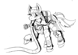 Size: 1000x707 | Tagged: safe, artist:darkhestur, derpibooru exclusive, oc, oc only, oc:burning stream, pony, black and white, firefighter, gas mask, grayscale, helmet, hose, mask, monochrome, simple background, solo, traditional art