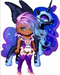 Size: 495x617 | Tagged: safe, nightmare moon, pony, g4, bowtie, clothes, dark skin, gaia online, high heels, old profile picture, pixel art, profile picture, socks