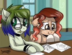 Size: 1500x1152 | Tagged: safe, artist:lostinthetrees, oc, oc only, oc:trees, earth pony, pegasus, pony, dyed mane, female, glasses, mare, mouth hold, paper, pencil, school, younger