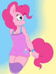 Size: 1316x1712 | Tagged: safe, artist:ambris, artist:eclispeluna, pinkie pie, earth pony, anthro, g4, clothes, dress, female, gradient background, socks, solo, thigh highs