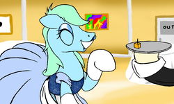 Size: 1600x960 | Tagged: safe, artist:dashingjack, oc, oc only, oc:brainstorm, earth pony, mouse, pony, comic:mouse gala, cheese, clothes, crossdressing, dress, eyeshadow, food, lipstick, makeup, smiling, story in the source, tickling, tickling under clothes, waiter