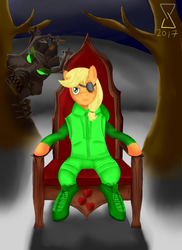 Size: 1275x1753 | Tagged: safe, artist:afterman, applejack, timber wolf, anthro, g4, crossover, eyepatch, hatless, missing accessory, neon joe, night, sitting