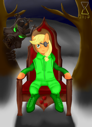 Size: 1275x1753 | Tagged: safe, artist:afterman, applejack, timber wolf, anthro, g4, crossover, eyepatch, neon joe, night, sitting