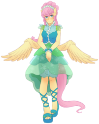 Size: 2350x2920 | Tagged: safe, artist:buryooooo, fluttershy, anthro, plantigrade anthro, g4, green isn't your color, alternate hairstyle, ambiguous facial structure, beautiful, butt wings, clothes, colored pupils, cute, dress, feet, female, high res, modelshy, shoes, shyabetes, simple background, solo, spread wings, transparent background