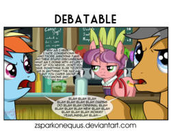 Size: 1675x1280 | Tagged: safe, artist:zsparkonequus, carrot bun, quibble pants, rainbow dash, pony, g4, stranger than fan fiction, comic, dialogue, inner thoughts, vendor, what am i doing with my life...