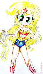 Size: 942x1600 | Tagged: safe, artist:liaaqila, applejack, equestria girls, g4, bare shoulders, blonde, crossover, female, hatless, looking at you, missing accessory, sleeveless, solo, strapless, traditional art, wonder woman, wonderjack